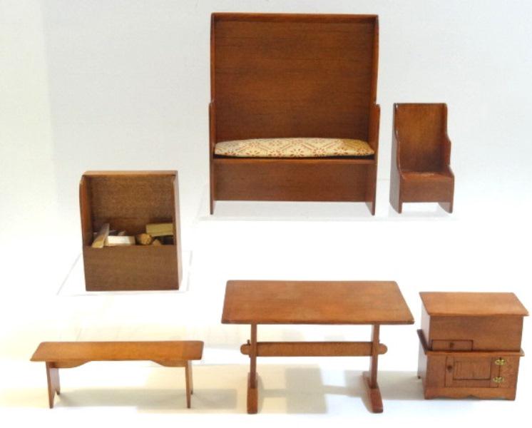 Hank Miller Kitchen Furniture Dollhouse Miniatures: Hank Miller country kitchen furniture, kitchen table 4 3/8"W, high back bench 4.25"W, 5"H, bench 4"L, dry sink with hinged lid, pull out soap drawer and cabinet door 2 3/8"W, child's high back rocking