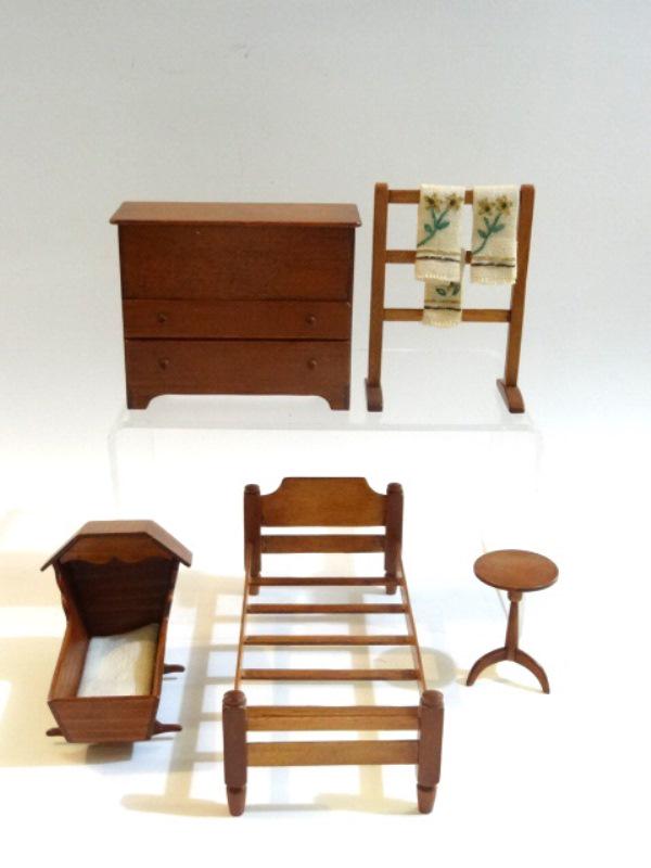 Hank Miller Bedroom Furniture Dollhouse Miniatures: Hank Miller single bed 6.5"L, 3"W, 2.5"H, mule chest with hinged lid and two drawers 4"W, drying rack with linens, cradle and candle stand 2"H