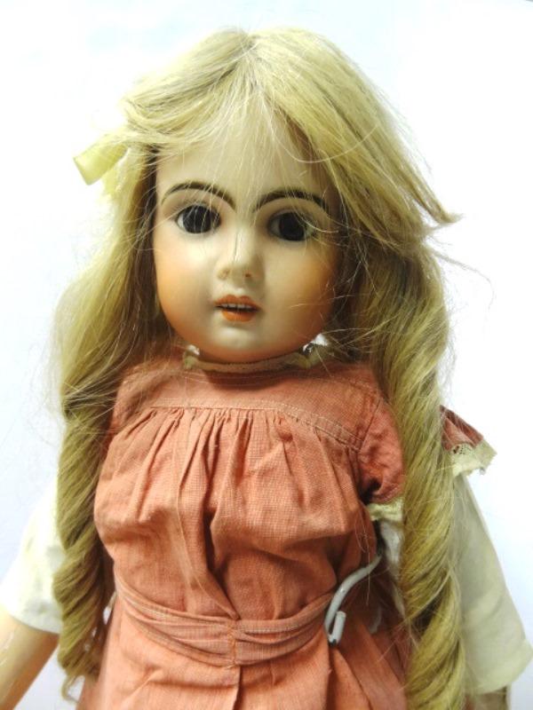 Bisque Doll Jumeau #12: Jumeau Doll #12 , HH Wig, Pierced ears, paperweight eyes, redressed with clothing appropriate to age, body appears good and face shows no cracks or hairlines She is 27: tall