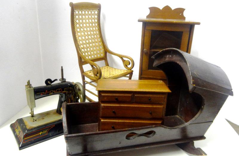 Doll Sized Furniture: Rocking Chairs, Doll Cabinet, Sewing Machine, Cradle, and Cradle ;argued 14" L Larger sized