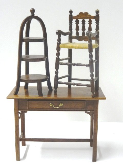 Dollhouse Miniature Furniture Valentine & Crawford: Three Tier Pie Stand signed Betty Valentine together with Gerald Crawford Chinese Fretwork One Drawer Stretcher Base Table 3 1/2" tallest, very well made! Also unmarked Childs High chair