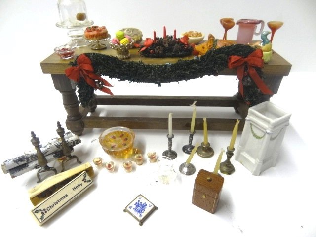 Dollhouse Miniature Accessories: Collection of Dollhouse Miniatures , Andirons, Umbrella Stand Ron Benson Style, Tea Caddy, Candles one may be Sterling, Glass Stands, Christmas Decorations, Punch bowl, etc. Largest 2"