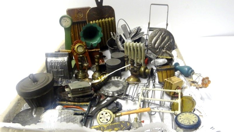 Vintage Dollhouse Accessories Early Tin Kitchen Items: Over 50 pieces of Tins, Scale, Victrola, CI Heaters, Candles, Tin cooking items, Bed Warmer, Clock, etc. Largest is 4" Good for your early Kitchen .