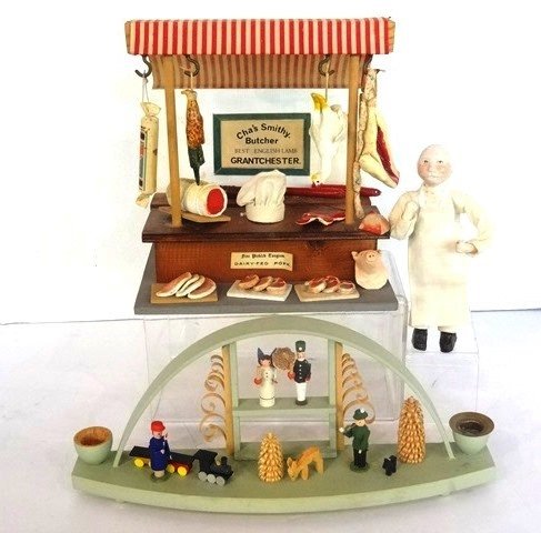 Vintage English Butcher Stall & Accessories: Vintage English woos butcher stall with fabric roof loaded with accessories and butcher doll, 7"W, 6"D, 7"H, Erzgebirge wood double candle stand 10.5"W missing brass drip pan