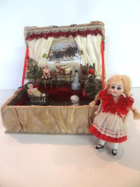 Victorian Box Created as Christmas Box: Beautiful Satin covered box, made into a Christmas Scene with Three Bisque dolls, one 4" with Glass eyes, appears to be French, Gilt Gold and Red Metal Furniture, two brush trees, bisque Snowman, meta