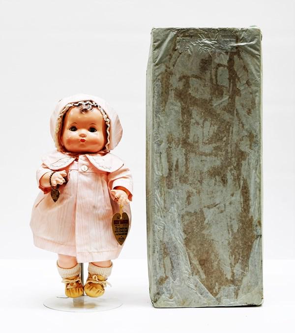 Effanbee Patsy Babykin Doll: Effanbee 11" Patsy Babykin composition doll w/original box, marked on neck and back Effanbee Patsy Baby, has original white tagged dress w/pink coat & hat, original price sticker attached to dress, ha