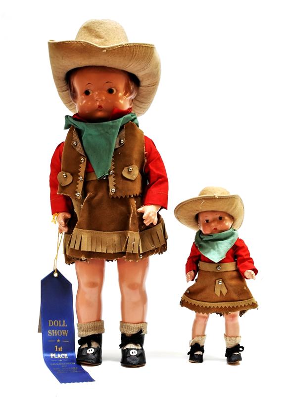 Effanbee Patsy and Patsyette Dolls: Effanbee 14" Patsy & 8" Patsyette composition dolls, both dressed in matching cowgirl outfits, Patsyette red suit is tagged