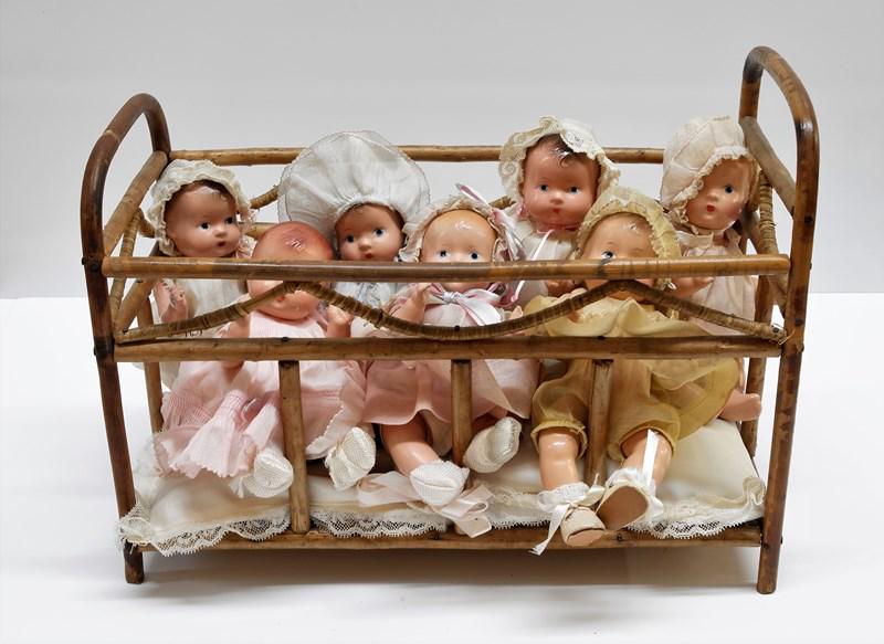 Effanbee Baby Tinyette Doll Group: Seven 7" Baby Tinyette composition dolls w/painted eyes, all are marked, no tags on clothes but some could be original