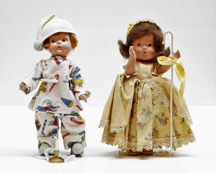 Vogue Little Bo Beep and Wee Willie Winkle: Composition 8" Toddles dolls, Little Bo Peep marked Doll Co., Wee Willie Winkle marked Vogue, both w/painted eyes