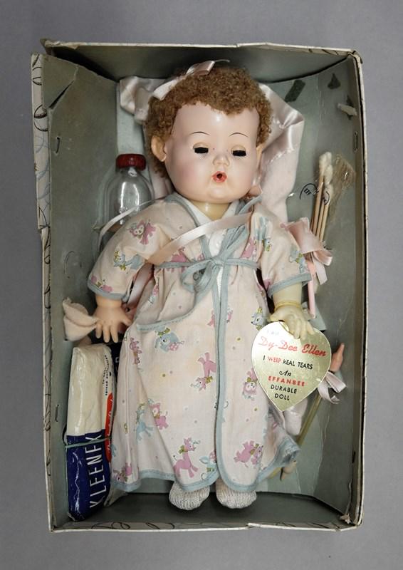 The New Effanbee Dy-Dee Ellen Doll: New Effanbee 12" Dy-Dee baby in original box w/accessories & hangtag, has bubble pipe, feeding spoon & Dy-Dee glass bottle, also includes booklet