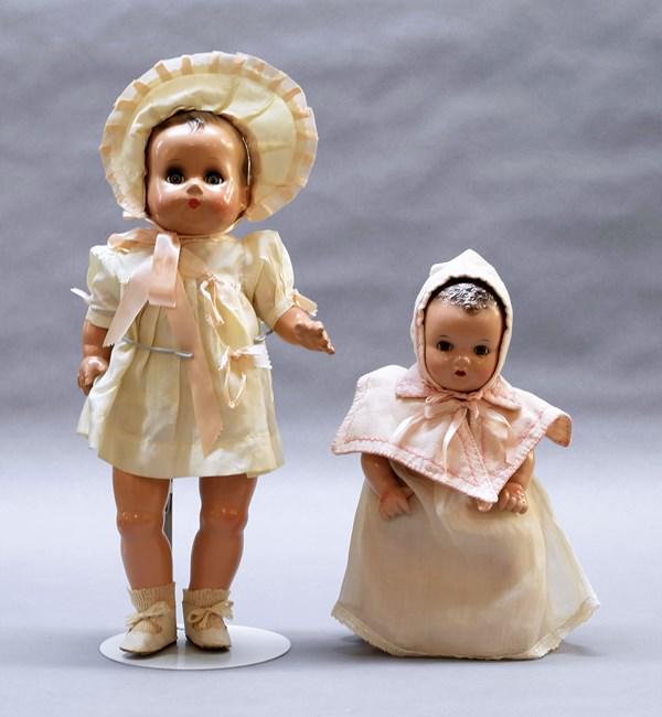 Two Composition Baby Dolls: Ideal 14" composition & cloth body baby dolls, unmarked all composition 18" doll, both in vintage clothes