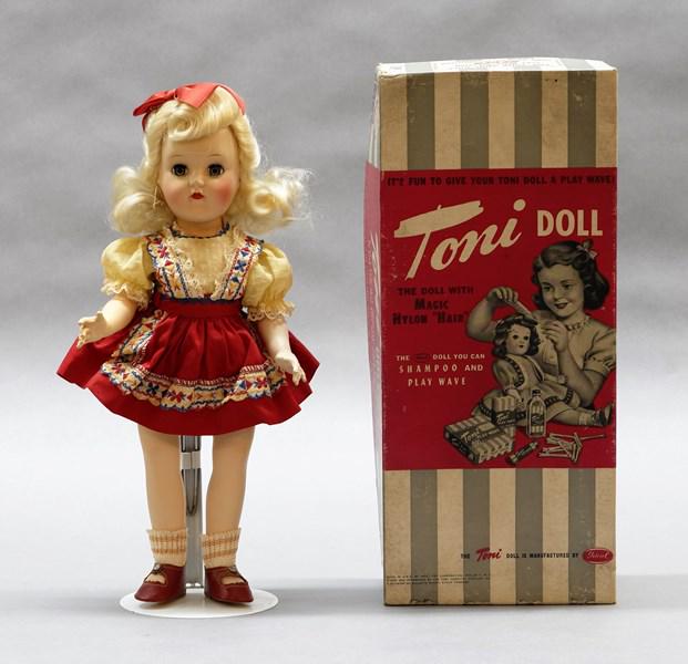 Ideal P90 Toni Doll with Box: Ideal P-90 Blonde Toni doll w/tagged dress, center snap red shoes & striped socks, has original box, labeled blonde but does not have any contents
