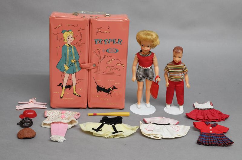 Ideal Pepper and Salty Dolls: Ideal 9" Pepper and 7 1/4" Pos'n Salty with a Pepper case, Blonde Pepper is wearing original suit with extra clothes and Tammy hangers. Salty is wearing original clothes with his bat, hat, glove and c