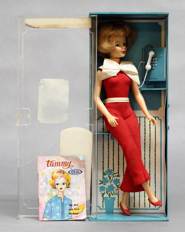 Ideal Pos'n Tammy in Phone Booth: Ideal 12" Pos'n Tammy doll in plastic box furnished as a phone booth. In original clothes, and shoes, has Tammy booklet