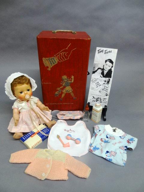 Tiny Tears in Ding Dong School Case: Ideal 12" Tiny Tears doll in Ding school case. Miss Francis of Ding Dong school fame advertised the Tiny Tears doll on her show. Comes with original clothes and some original accessories