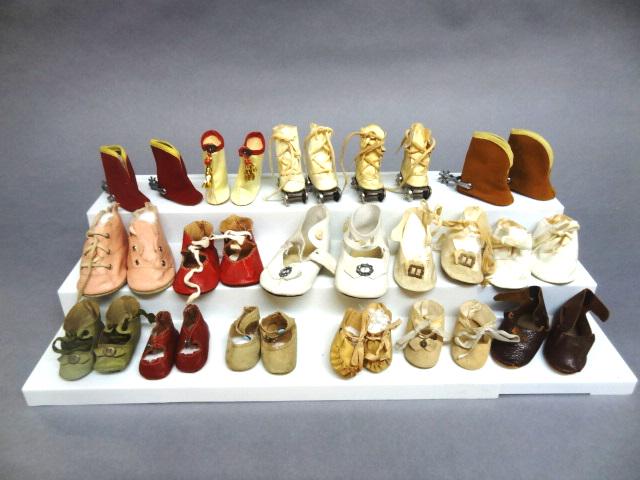 Vintage Doll Shoes: Sixteen pair of doll shoes, boots, and skates, two pair of Mary Hoyer type boots, from 1 1/2" to 4" in length