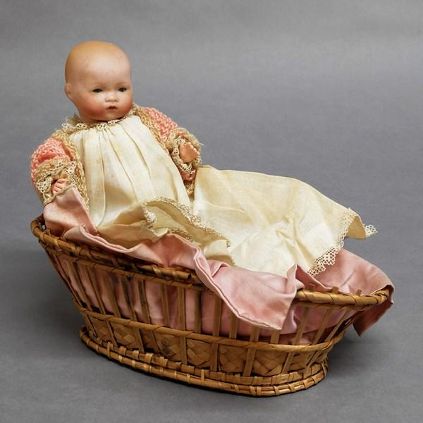 Bisque Doll A&M # 341 Kiddie Joy: Solid dome 8", # 341 in basket, seems like original clothes, sleep eyes, composition body, good coloring