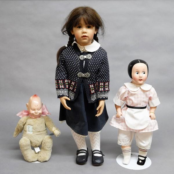 Gotz, Ella Cinders, Bellekin Dolls: Three contemporary dolls, Gotz -647-18 25 1/2", all original w/pigtails, sweater, Gotz tag on hand, very nice doll, Horsman composition head w/tag Bellekin fur body 12", 1988 Horsman 17 1/2" compositi