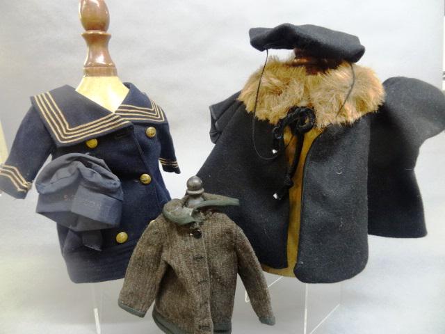 Three Early Doll Outfits: Black w/fur, grey jacket, sailor suit w/hat