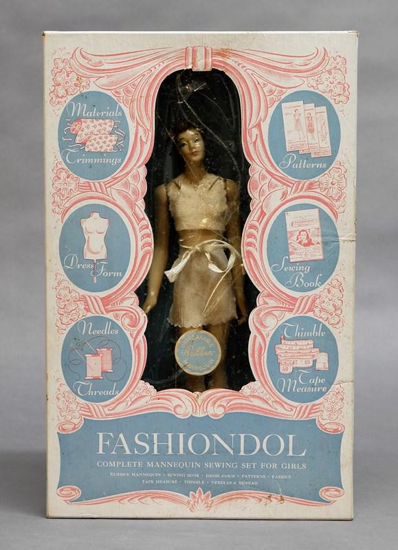 Simplicity Fashion doll Set: Simplicity 12 1/2" mannequin doll sewing set no. 505 in original box. Has booklet, dress form, three patterns, tape measure, thimble, and small pin cushion