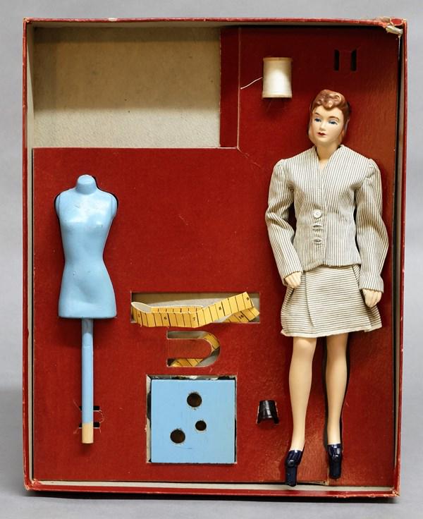 Simplicity Fashion doll Set: Simplicity 12 1/2" mannequin doll sewing set in original box. Has dress form, tape measure and thread. Includes booklet Godey's How to Dress a Doll booklet, early McCall's doll dress pattern & Simplic