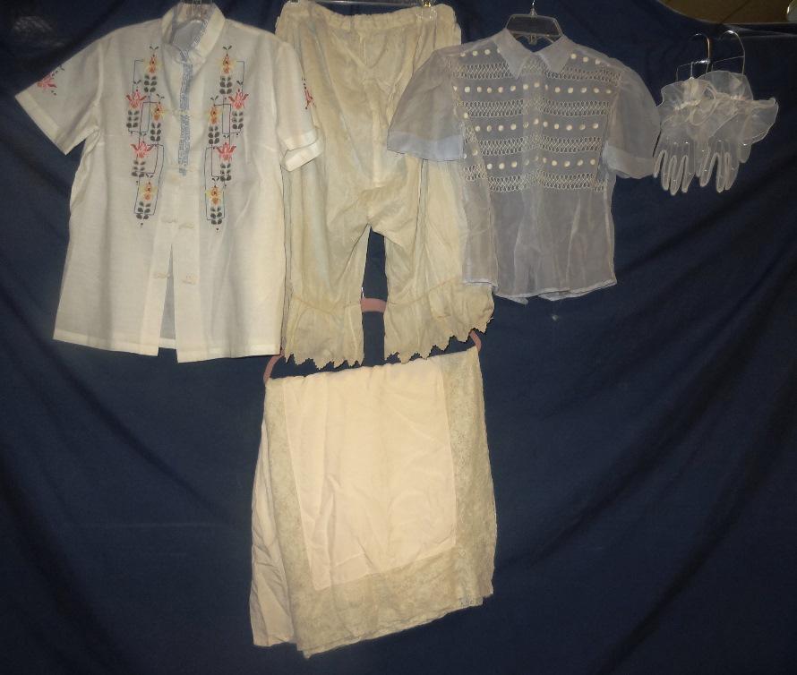 Vintage Clothing & Cover: Two 1940's Blouses, Crepe cover, 50's Gloves looks like Lucille Ball style, Victorian Bloomers`