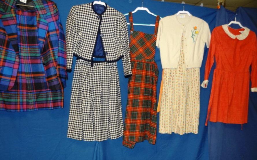 Grouping of Vintage Dresses: Grouping of ladies clothing, one jumper, 2 suits, one dress matching sweater, one red dress w/Peter Pan collar