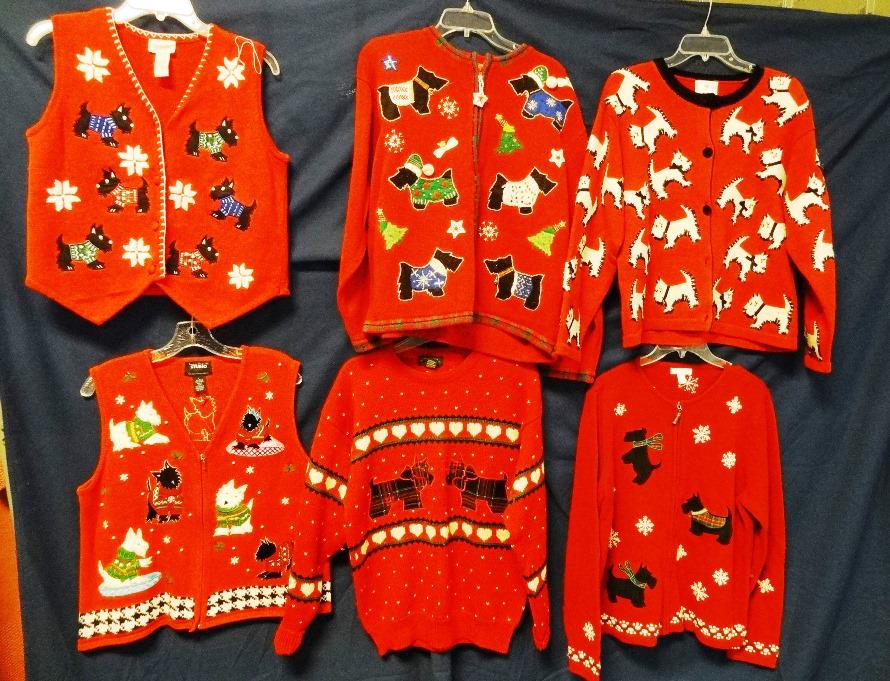 Scottie Sweaters: Large grouping of Scottie sweaters, 2 vests Mostly 70-80-90's size is med and large