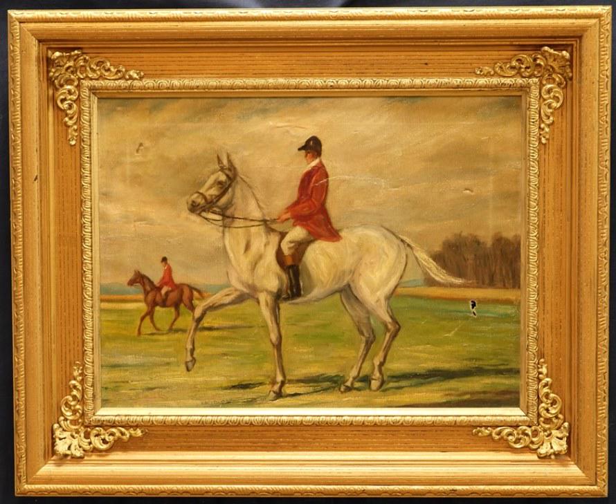 Vintage Equestrian Oil Painting: Vintage equestrian fox hunting oil on canvas painting, unsigned 15" by 20" housed in a newer wood frame with ormolu trim 22.25" by 27.25"