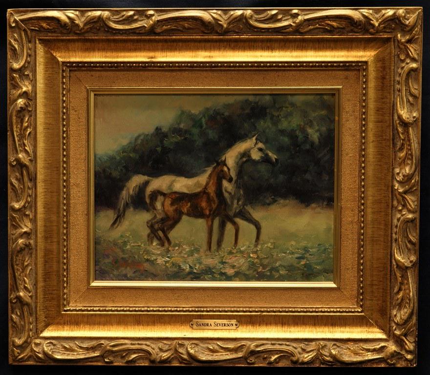 Sandra Severson Horse Painting: Sandra Severson, listed Chester County Pa. artist, oil painting on Masonite of mare with colt, 8" by 10" with wood frame 14" by 16"