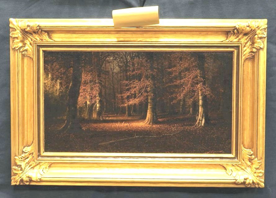 Forrest Oil Painting: Oil on Masonite forest painting, signed Snyder lower right, sight 9.5" by 17.5", housed in new wood frame with small electric lamp 15.5" by 23"