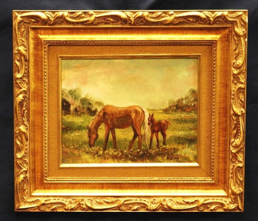 Sandra Severson Horse Painting: Sandra Severson listed Chester County Pa. artist, oil on canvas painting of mare with colt, 8" by 10", mounted in wood frame 14" by 16"