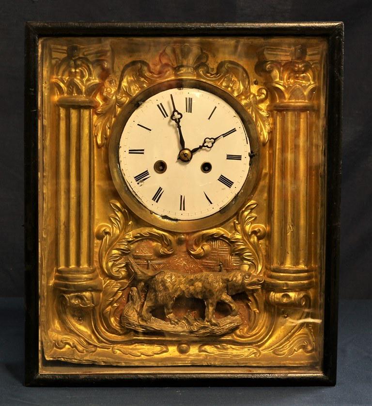 French Shadow Box Clock: Antique French 19th Century shadow box clock, gilt metal face with ormolu dog and porcelain dial, bland painted frame, brass time and strike movement #1692 12.75" tall 11.25" wide 5" deep