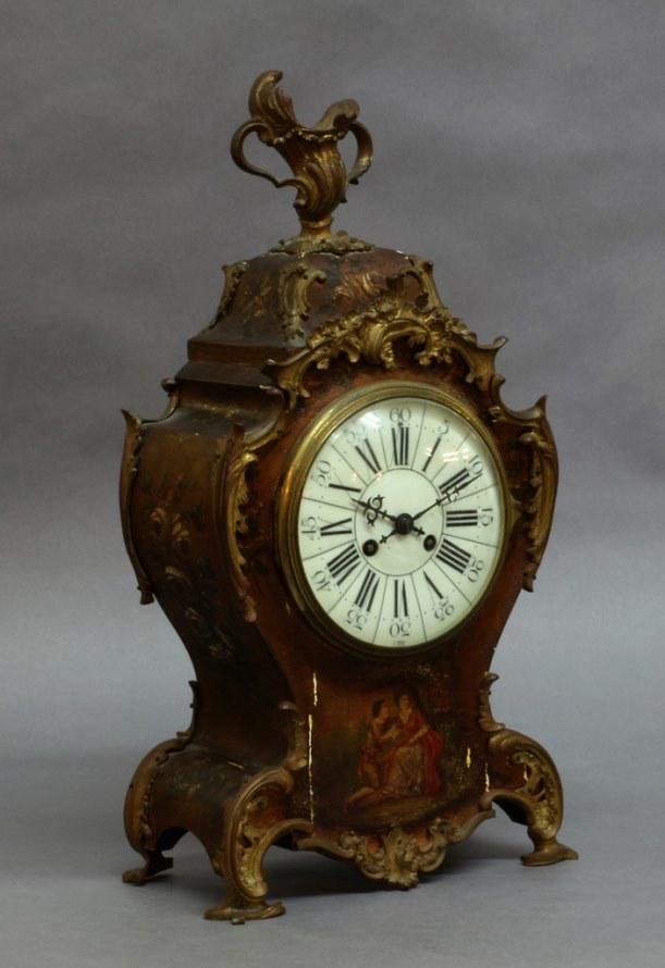 French Ormolu Painted Clock: French Ormolu painted clock, porcelain dial 18 3/4" (T)