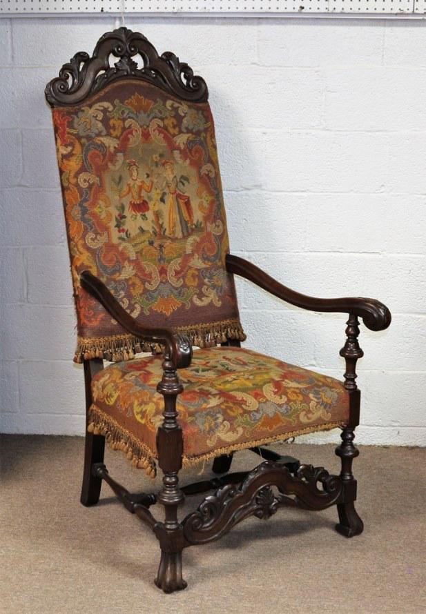 Edwardian High Back Arm Chair Pictorial Tapestry: Edwardian High Back Arm Chair Pictorial Tapestry