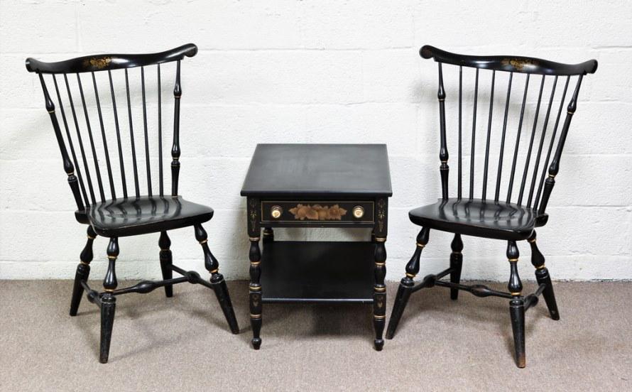 Three Pieces :Chair and End Tables Hitchcock: Three pieces : Chair and End Tables Hitchcock chairs 37" tall, End Tables 22" Tall