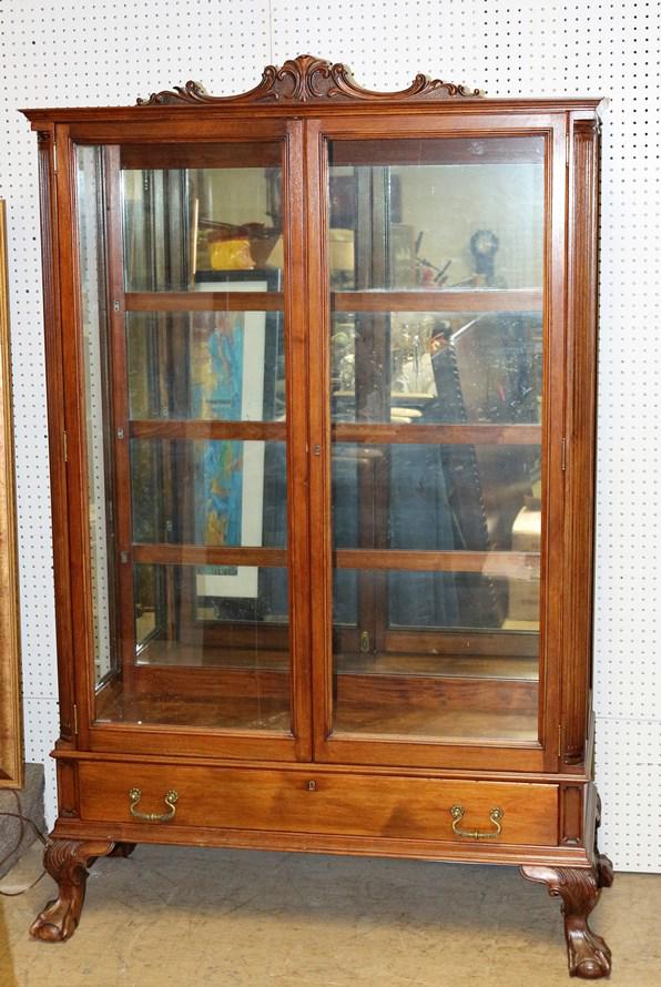 Antique Mahogany Fancy Mirrored Back China: Antique mahogany fancy mirrored back China, ball claw feet 76" T, 51"W, 23" D