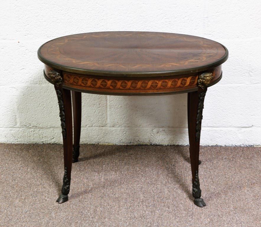 Antique French Marquetry Inlaid Bronze Mount Table with: Antique French Marquetry Inlaid Bronze Mount Table with hoof feet High Style appears to resemble Link 22" H , 28" L , 20" D