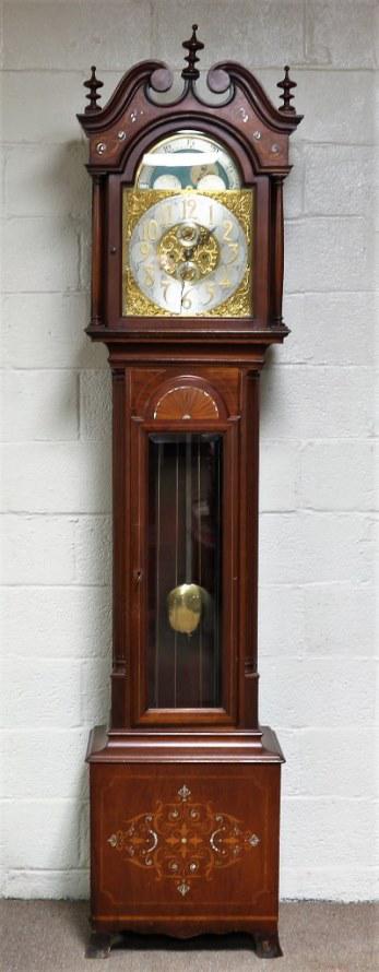 Antique Grandfather Clock Simmons Brothers Mahogany: Antique Grandfathers Clock Simmons Brothers Mahogany Mother of Pearl Inlaid Wood, 8 day moon dial, turn of century . 94" T, 21"W, 14"D in original finish time and strike. In Chippendale Case