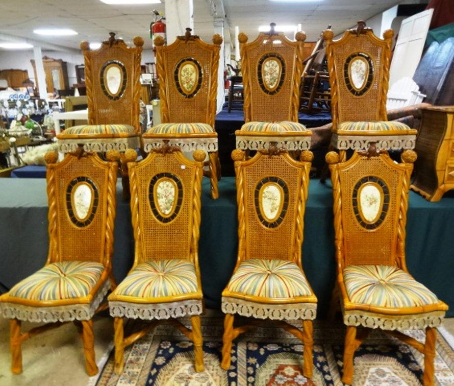 Antique MacKenzie Childs Designer Chairs Eight: Matching set of Eight fancy carved Mackenzie Childs chairs, original cost $24,000.00, with Incredible designs and plaque on base of each chair. 45" T, 19" W, 27" D