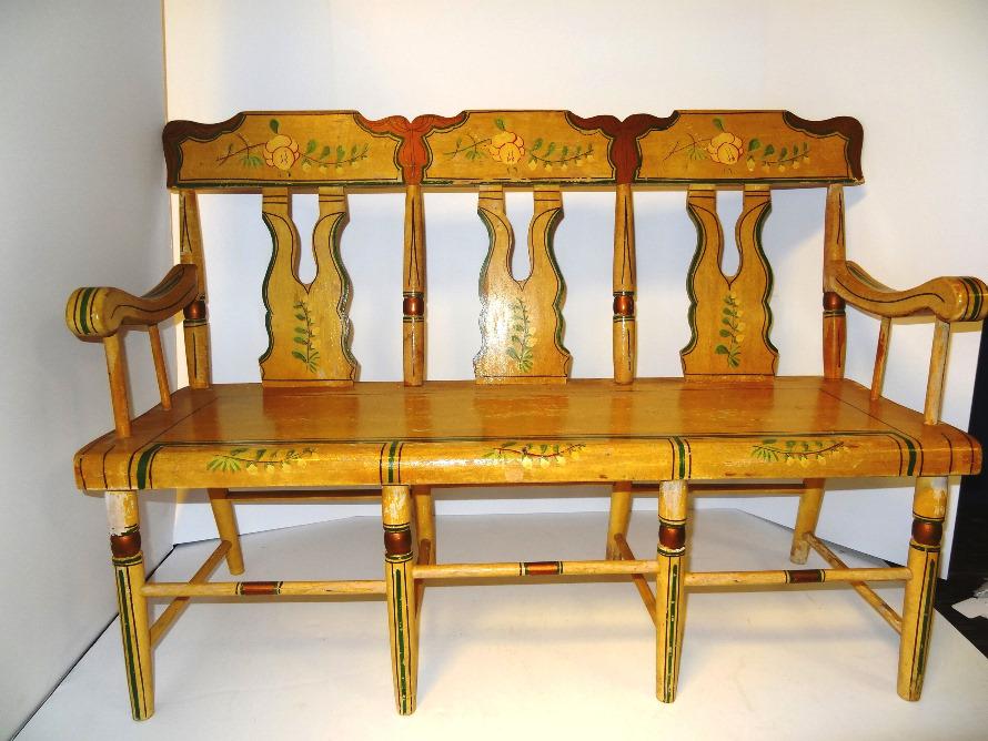Childs Floral Painted Settee: Lovely Childs Floral Painted Settee signed with paper on bottom, Leroy Horning, Annville, Pa. 24" T 33" W 12:"D paint shows some normal age wear, but the workmanship is excellent. It is Pale Yellow wi