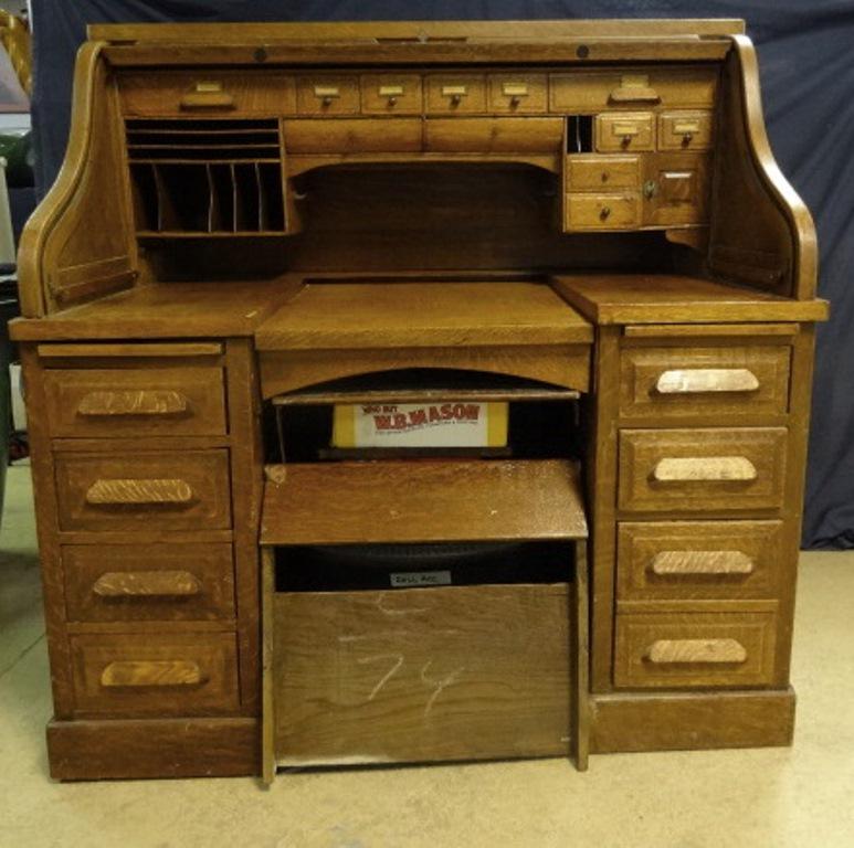 Oak Two Piece Roll top Desk: Oak Two Piece Roll top desk with raised panels carved full interior , quarter sawn Desk , in original condition 50" T, 50"W, 32"D