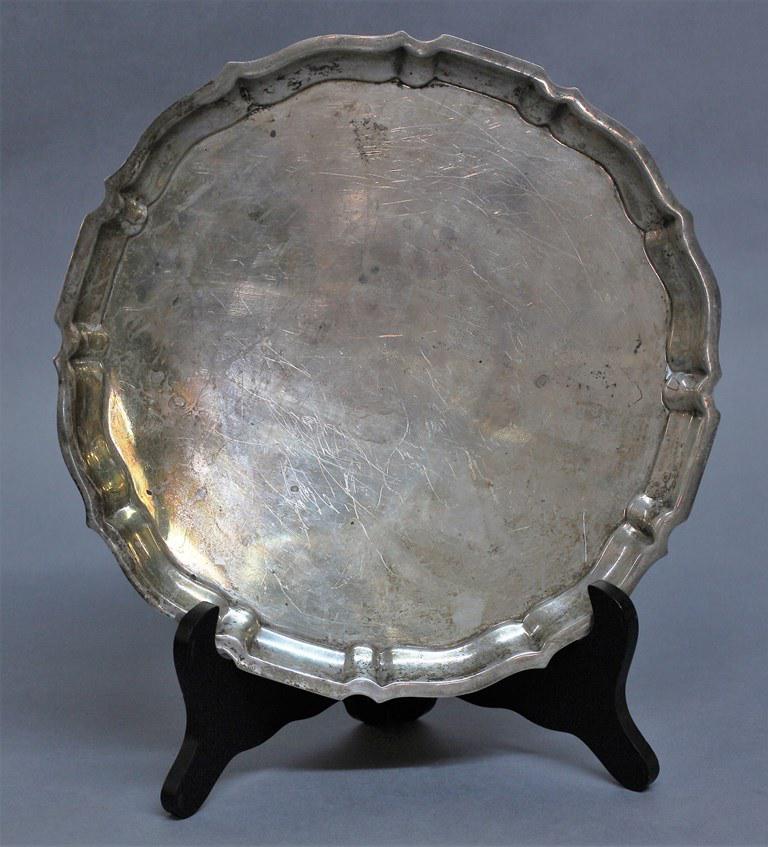 Gorham Sterling Tray: Gorham sterling silver tray in Chippendale style pattern 42612, 12"D with engraved presentation on back, 25.2 ozt