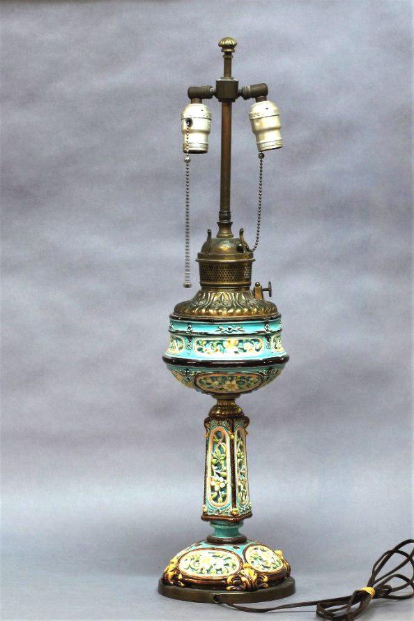 Antique Majolica Table Lamp: Antique English majolica two socket table lamp 28"H