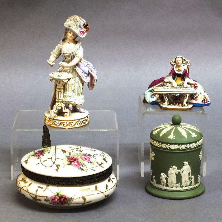 Group of Vintage Ceramics: Meissen style dresser box 5.75"D, Meissen figural card player 6.5"H with losses, hand painted harpsichord player 4"W, Wedgwood covered jar 4.5"H