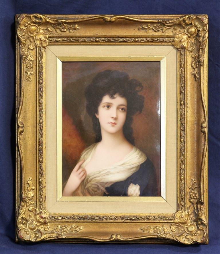 Antique Lorenz KPM Portrait Plaque: Lorenz Antique French KPM porcelain hand painted portrait of a young beauty, KPM stamp on reverse with Lorenz name, 7 3/8" by 10" in Beautiful Gilt Frame