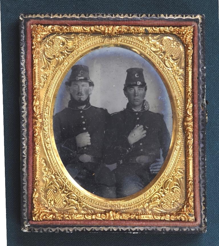 Civil War Soldiers Ambrotype Photograph: Original 1860's glass plate ambrotype in half case depicting two soldiers in uniform 3" by 3.75" overall