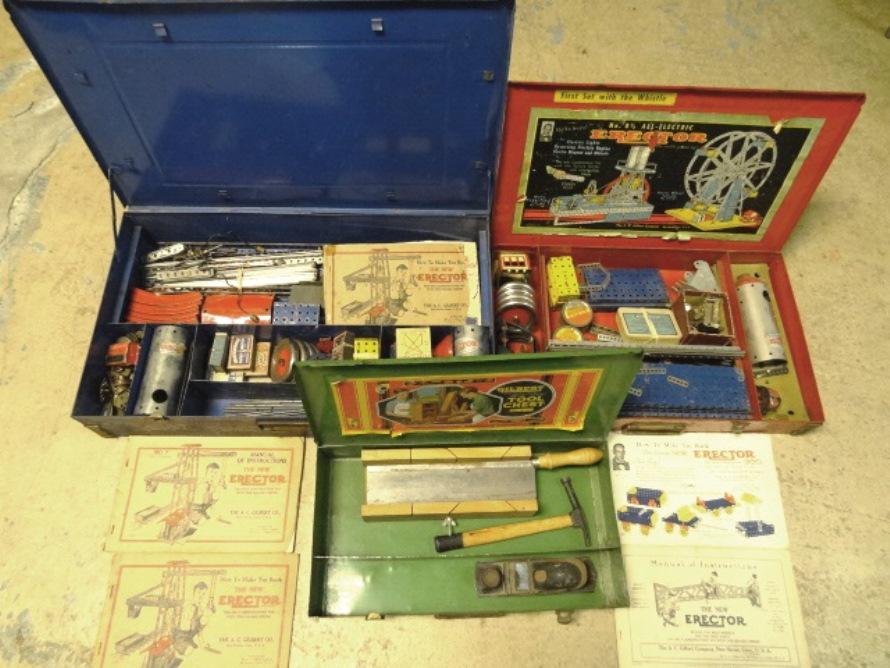 Two Erector Sets # 7 and # 8 1/2, and Gilbert Tool Set: Pair of Erector sets # 7 and # 8, A.C. Gilbert Ferris Wheel, # 8 1/2 all electric Erector Giant Power Plant 24" (l), 14" (w) x 4 1/2" (t), Gilbert "Big Boy" tool chest 17" x 9 1/2" x 3 1/4"