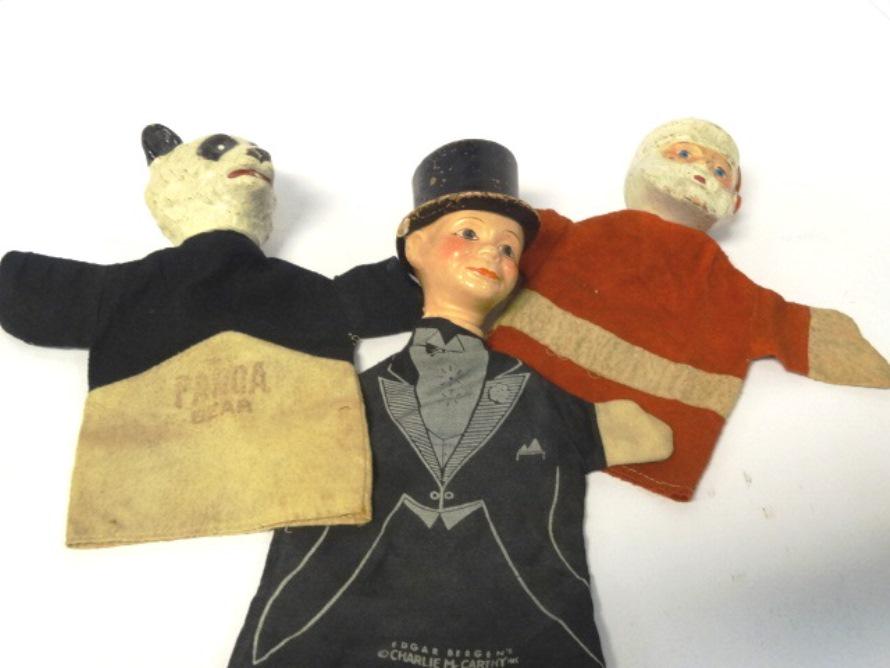 Three Character Composition Hand Puppets: Three character composition clothed hand puppets (Bear, Charlie McCarthy, Santa) 8" - 11" tall