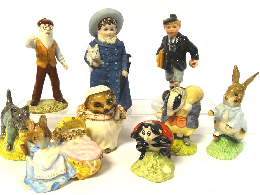 Royal Doulton Figure, Beatrix Potter Figures: Royal Doulton "Off to School" Lefton child & dog, Beatrix Potter, Mr. McGregor, Peter Rabbit, Tommy Brock, John Joiner, Mother Ladybird, Hunca Munco, Mrs. Tiggy Winkle, 5 1/2" largest, 9 pcs.